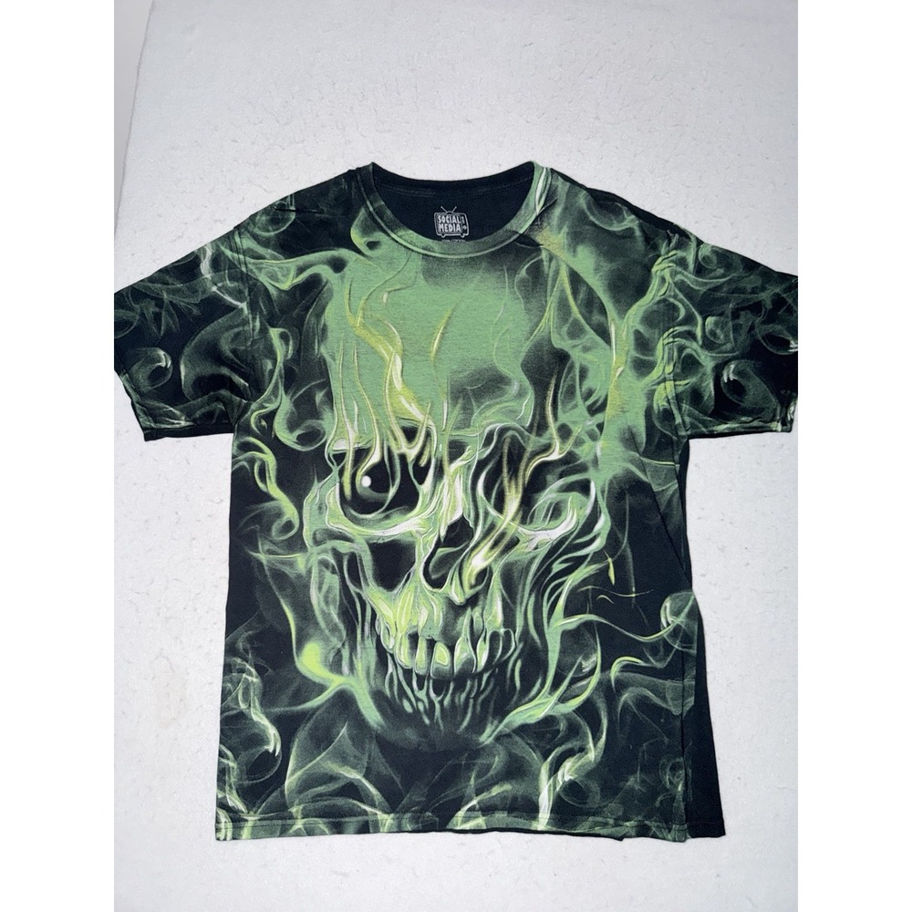 Y2K Flame Skull Shirt AOP Mens L Black Green Graphic T-Shirt Goth Jesse Pinkman